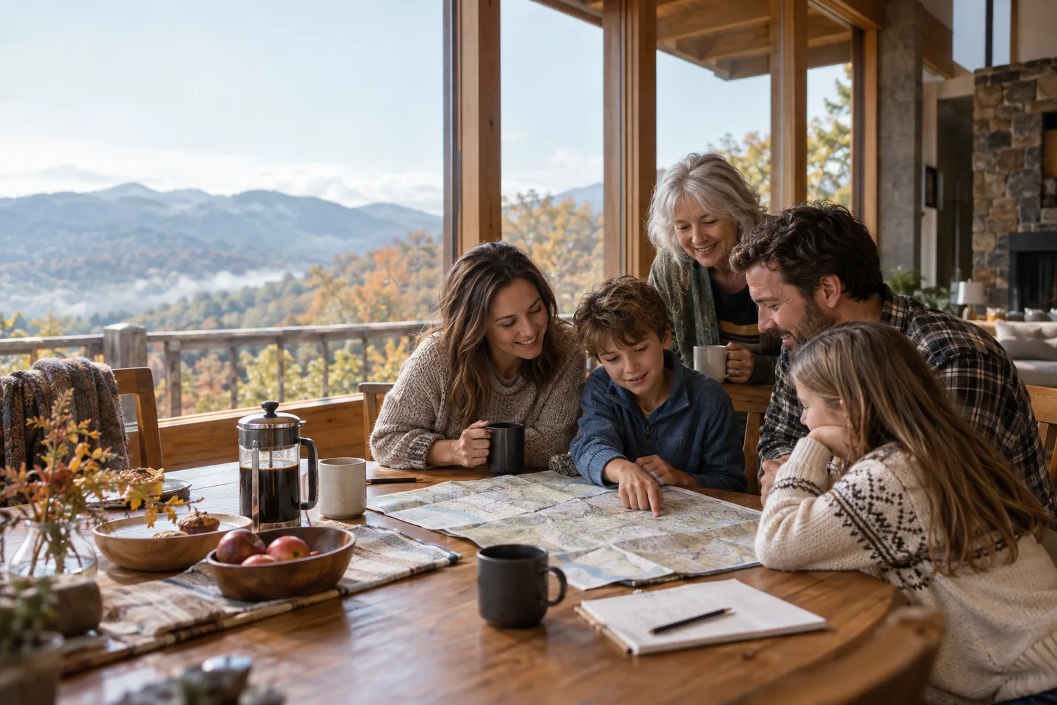 A multigenerational family reviewing a vacation map over breakfast in a mountain lodge