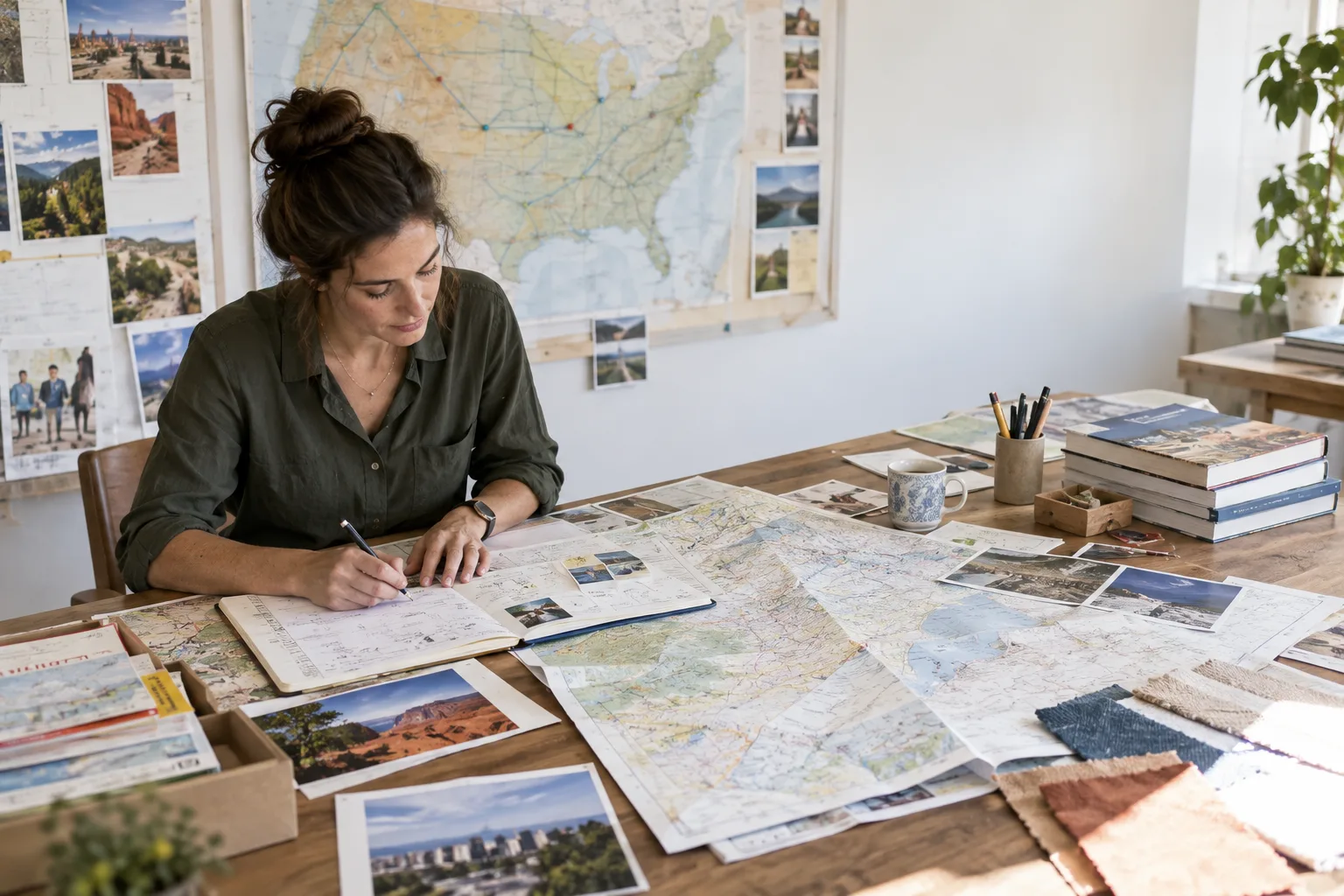 A human itinerary designer annotating U.S. routes at a large planning table